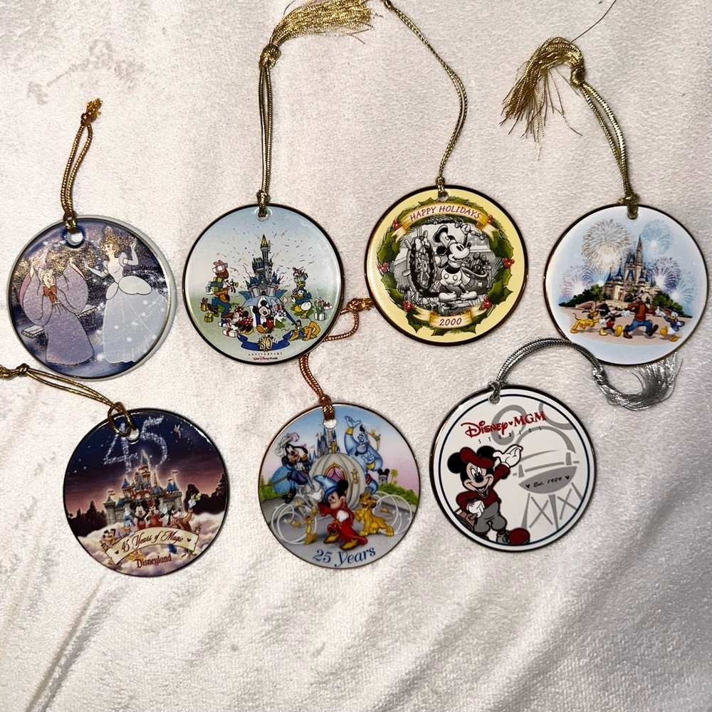 Lot of 7- Walt Disney Collectible Ceramic Disc Ornaments Anniversary Vintage Y2K